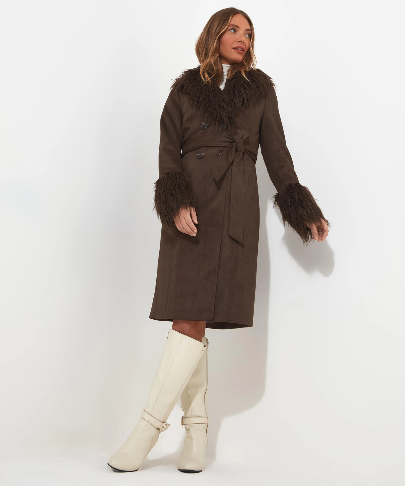 brown afghan style coat in brown front view