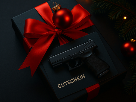 Nahaufnahme eines elegant verpackten schwarzen Geschenk-Gutscheins mit roter Schleife, auf dem eine moderne schwarze Pistole liegt; daneben rote Christbaumkugeln und beleuchtete grüne Tannenzweige auf dunklem Hintergrund – stilvoll, hochwertig und festlich, im Target-One-Farbschema.“