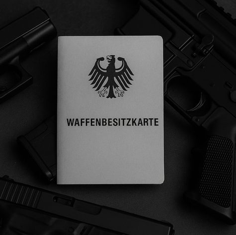 Ultrarealistisches Schwarz-Weiß-Foto im Target-One-Stil: Eine deutsche Waffenbesitzkarte (WBK) mit Bundesadler liegt auf einem dunklen Untergrund neben einer modernen Pistole – klar beleuchtet, kontrastreich und minimalistisch inszeniert.