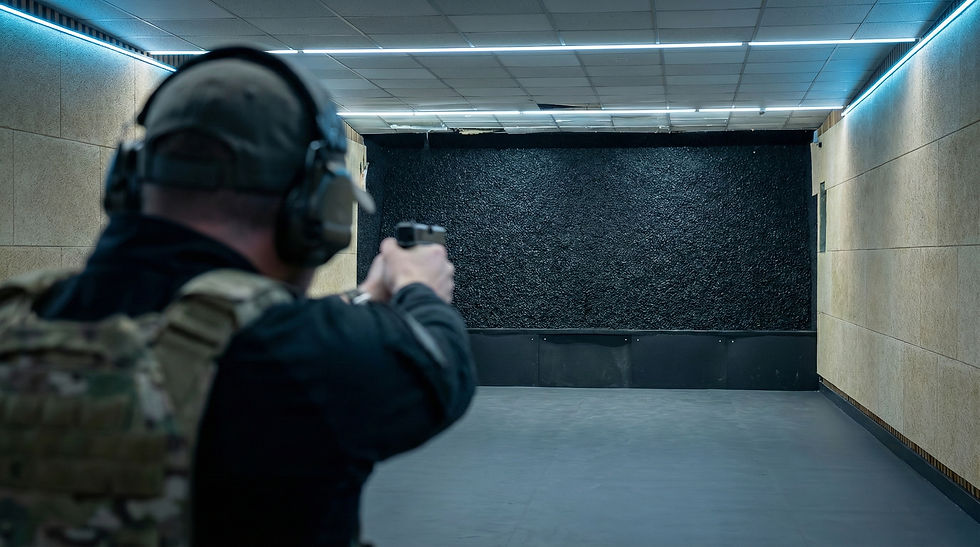 Modernisierter Indoor-Schießstand mit neuem, staubfreiem Granulat-Kugelfang-System im Hintergrund, Schütze in taktischer Ausrüstung beim Training auf kurze Distanz.