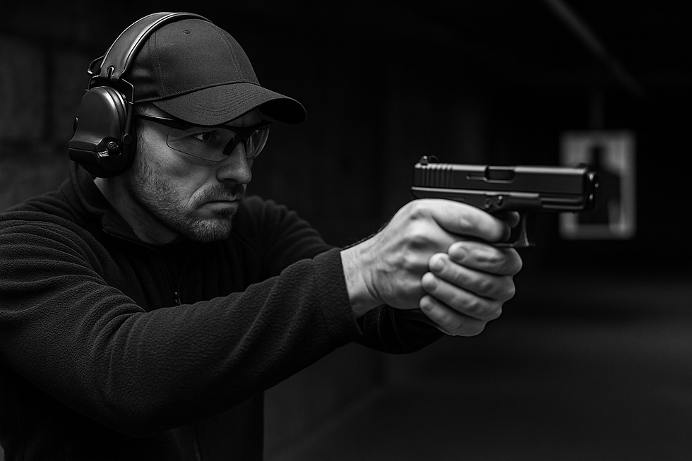 Schwarz-weiß Fotografie eines Schützen beim Training in einer Indoor-Schießanlage. Der Mann trägt Gehörschutz und Schutzbrille, hält eine Pistole im Anschlag und konzentriert sich auf eine Zielscheibe im Hintergrund.