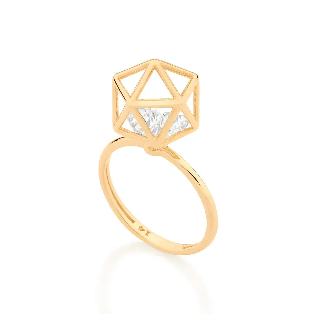 ANEL ICOSAEDRO BANHADO A OURO 18K COM ZIRCÔNIAS 512904