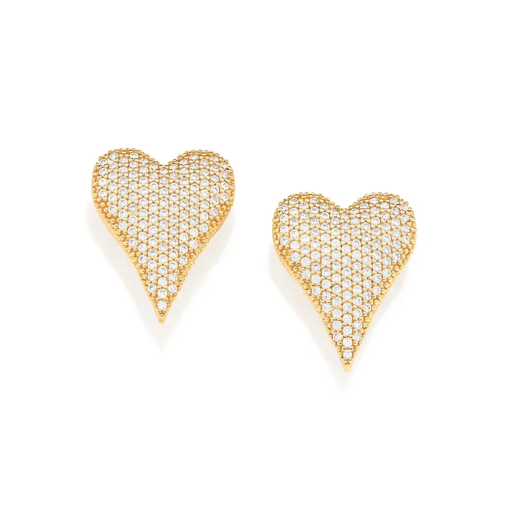 BRINCO BOTÃO CORAÇÃO BANHADO A OURO 18K COM ZIRCÔNIAS 527087