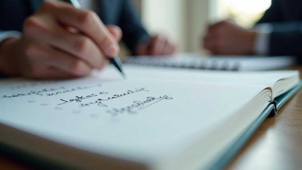 Close-up view of a notebook with handwritten notes during a client meeting