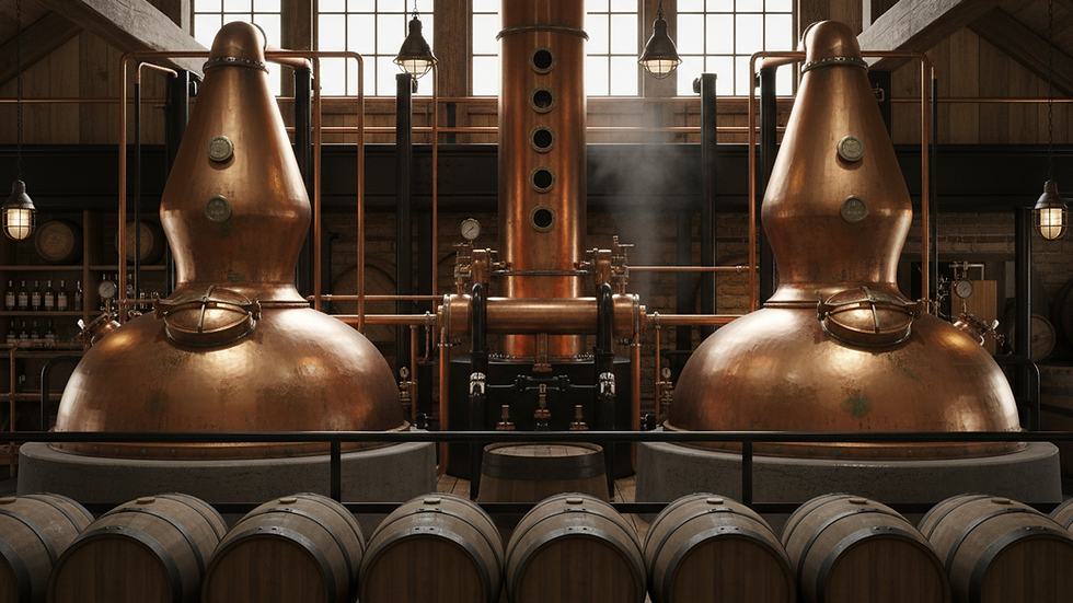 Eye-level view of copper stills inside a distillery