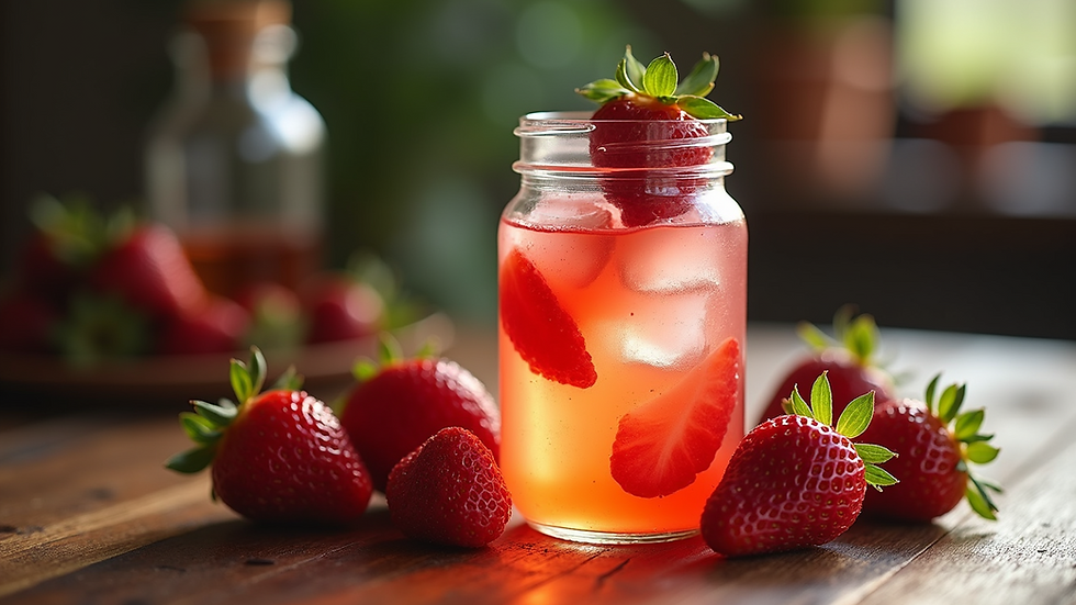 Close-up view of a glass jar filled with strawberry moonshine and fresh strawberries