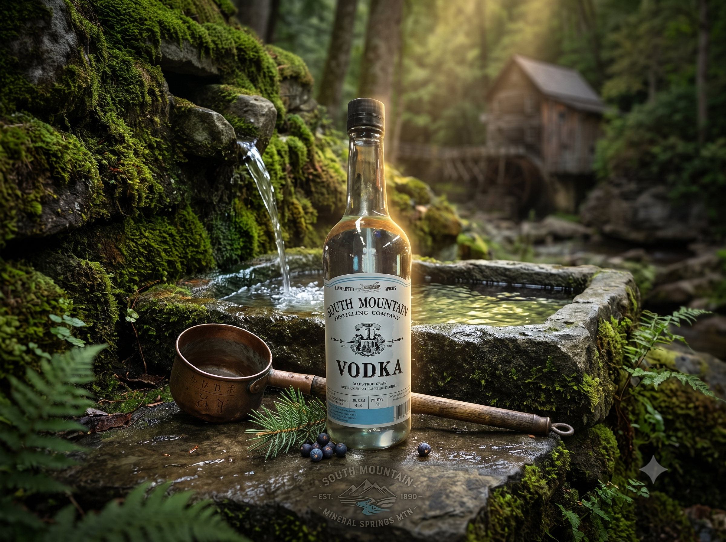 A sleek vodka bottle resting elegantly on natural moss-covered rocks next to a crystal clear mountain stream