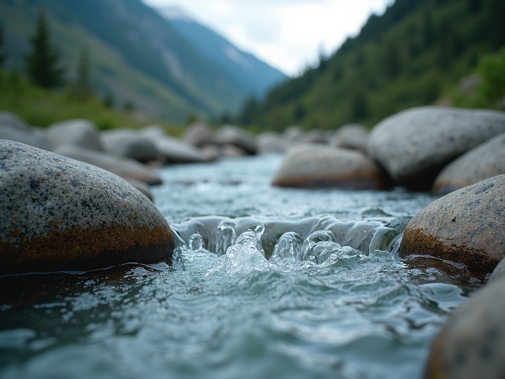 Dynamic close-up of pure mountain spring water cascading over smooth river stones with soft sunlight filtering through