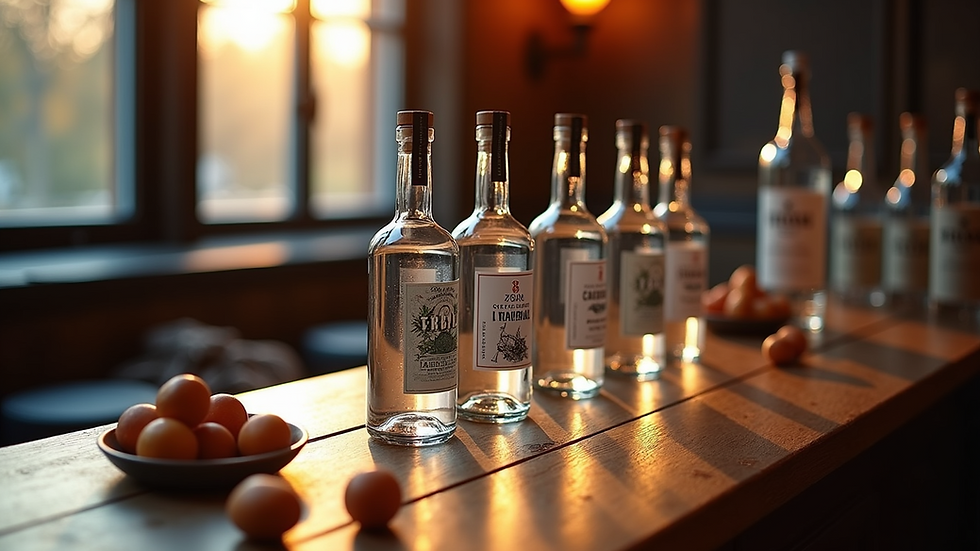 High angle view of a vodka tasting setup with multiple premium vodka bottles