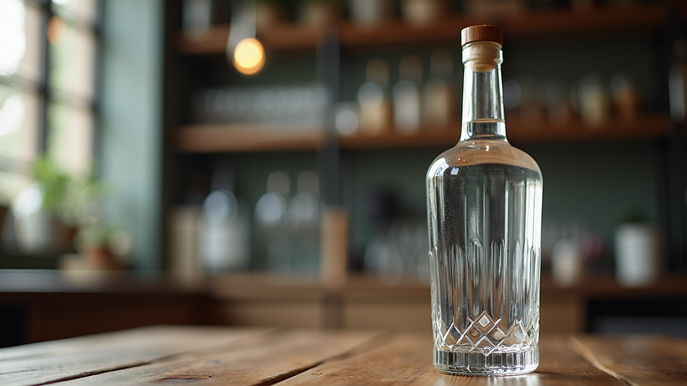 Close-up view of a crystal-clear vodka bottle on a wooden table
