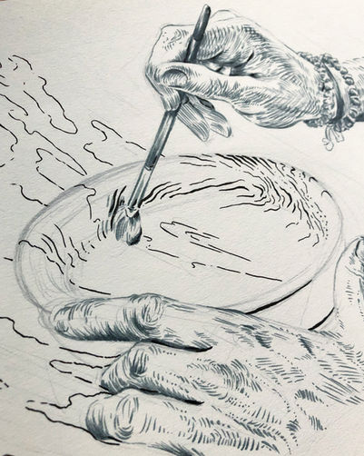 hands painting pot, drawing, photo of drawing, paintbrush, male artist, 