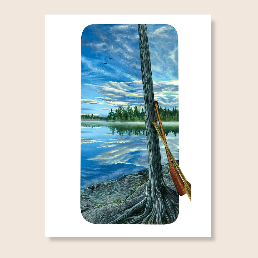 Thumbnail: "Paddles at Rest" 9x12 medium fine art print, two canoe paddles resting against a tree with exposed roots, a mirrored skyline