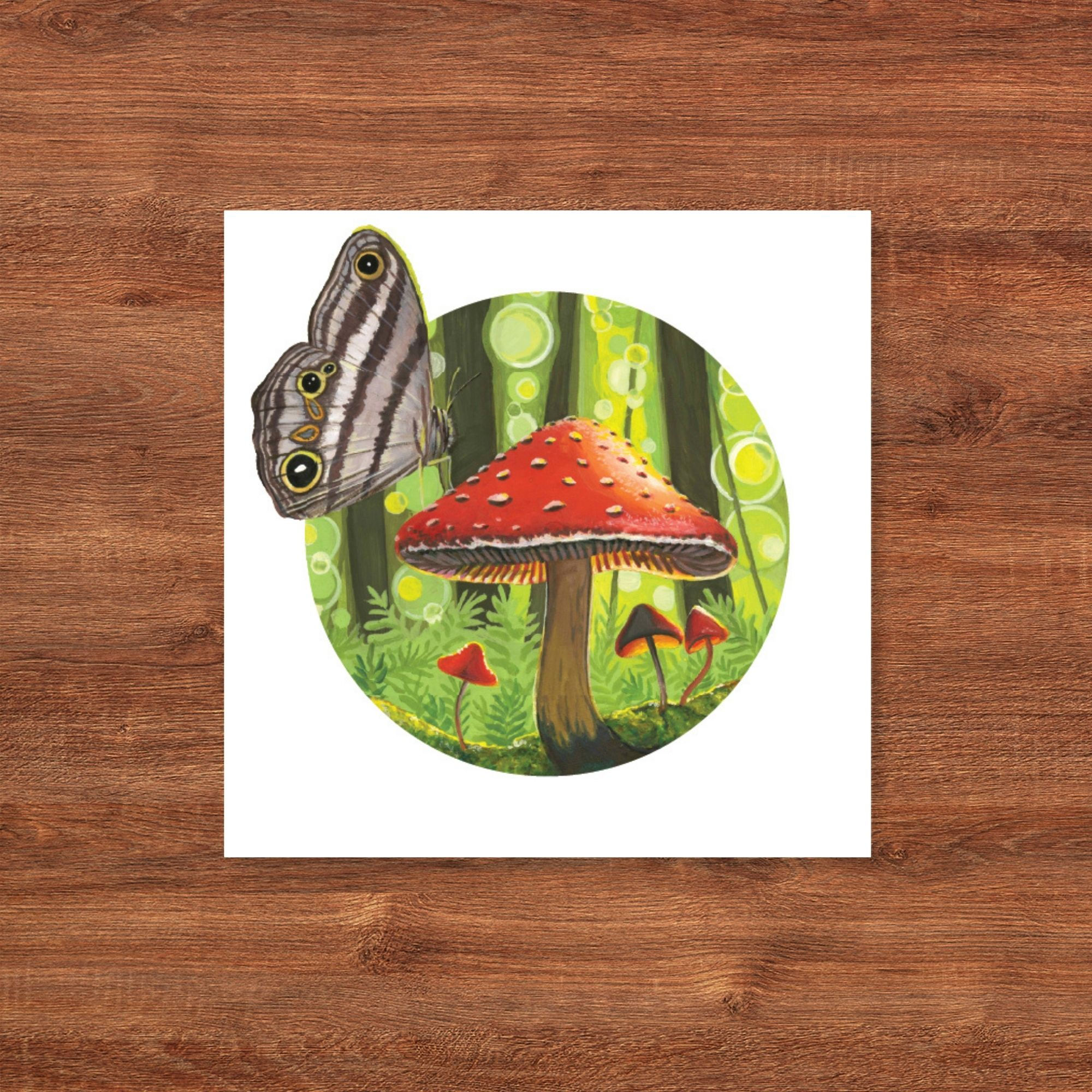 "Majesty of the Forest" 8x8 medium fine art print, moth rests atop red amanita mushroom,whimsical woodland forest fantasy art