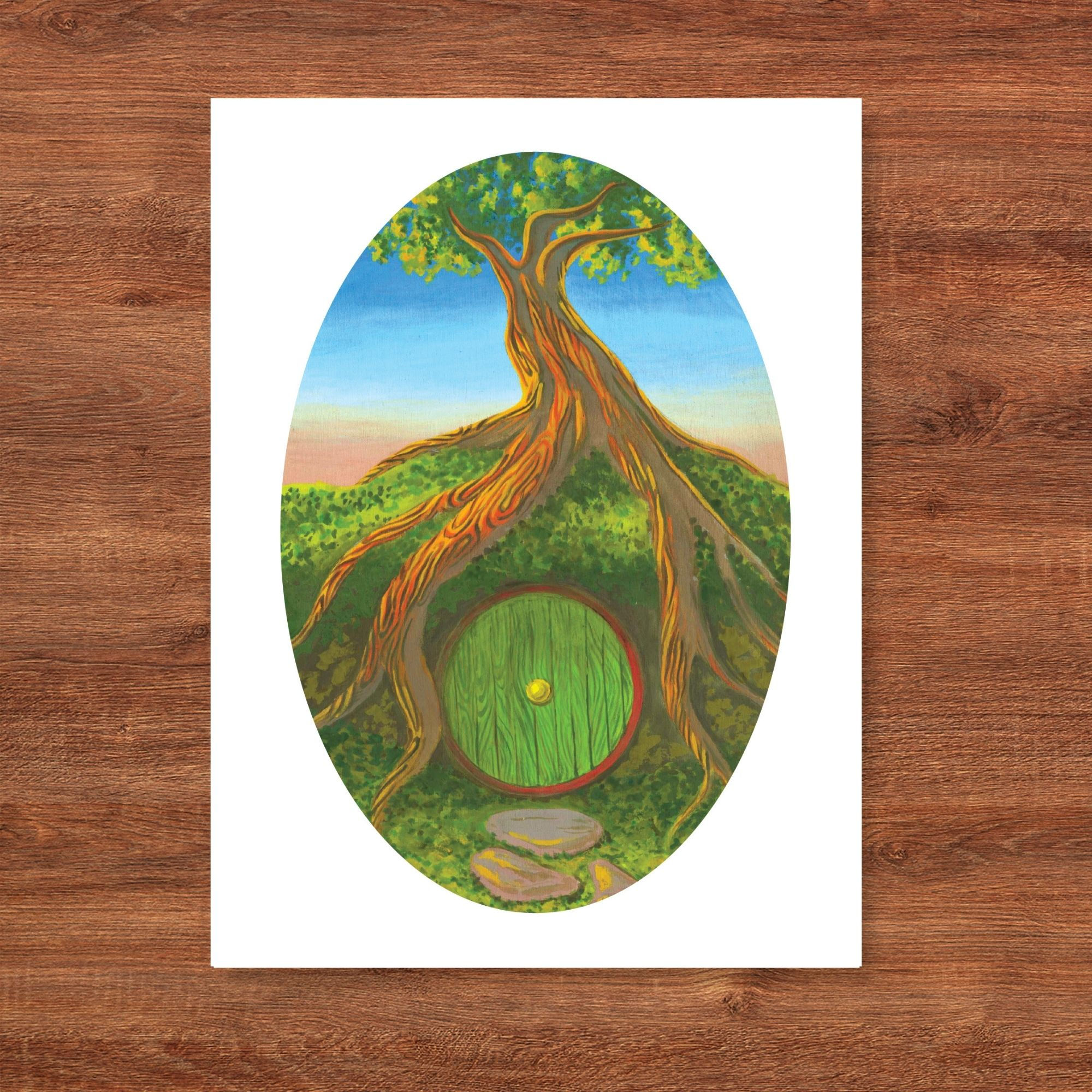 "Hobbit Hole III" the lord of the rings fine art print, green door, overgrown tree roots, fantasy art, gift for fathers day