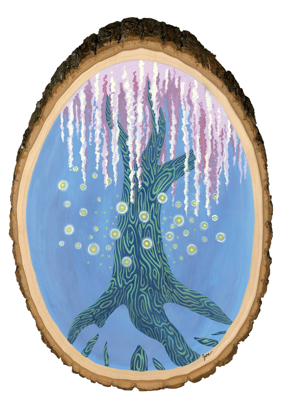 Thumbnail: Light of the Moon magical fairy lights dancing around willow avatar tree, blue background, original painting by zoe mae art