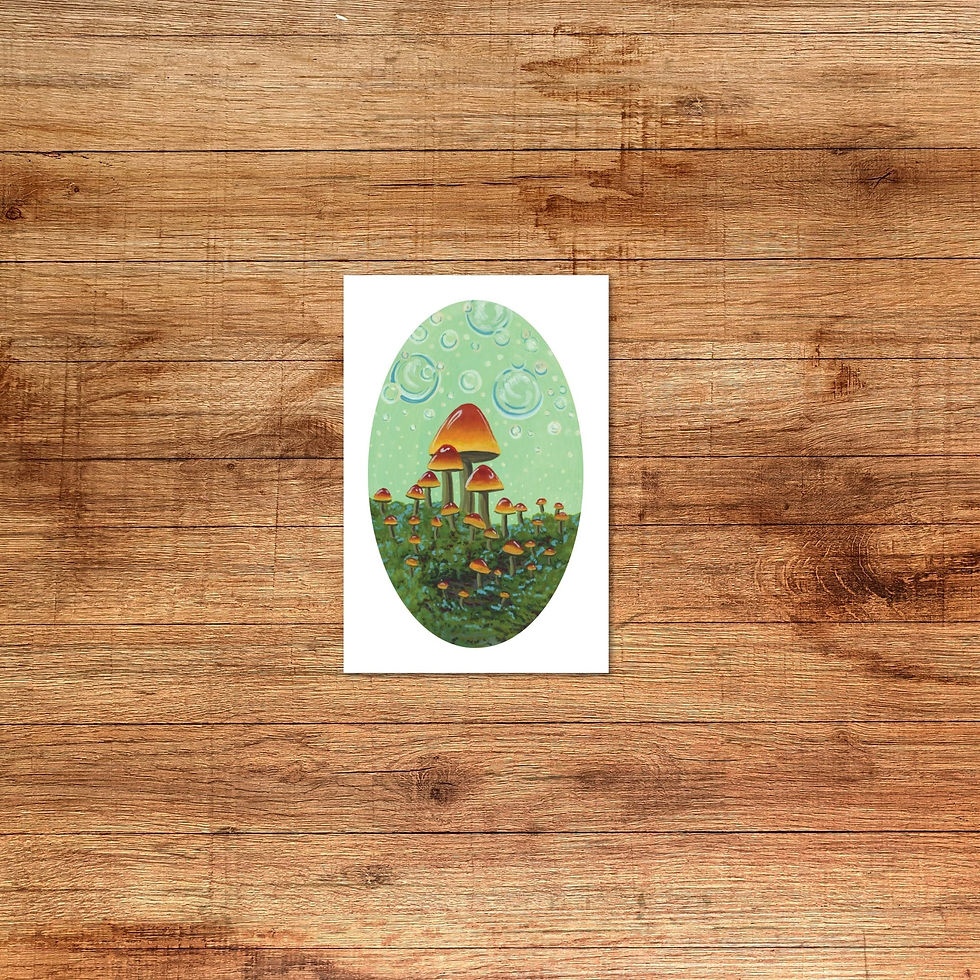 "forest fizz" mushrooms and bubbles woodland fantasy 4x6 small giftable fine art print, original painting by zoe mae art, mn
