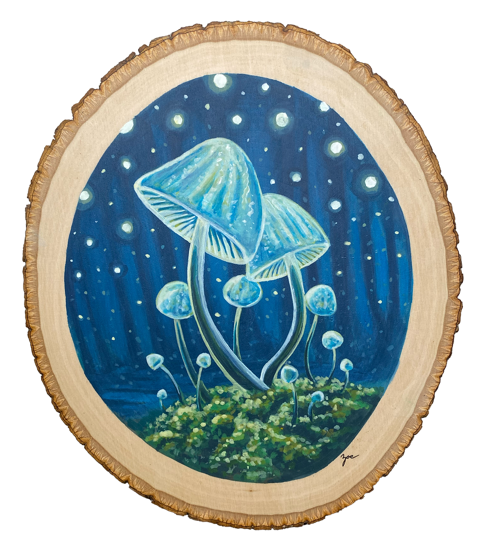 Thumbnail: original artwork on wood of blue mushrooms surrounded by dancing fairy lights on the forest floor, woodland fantasy artwork