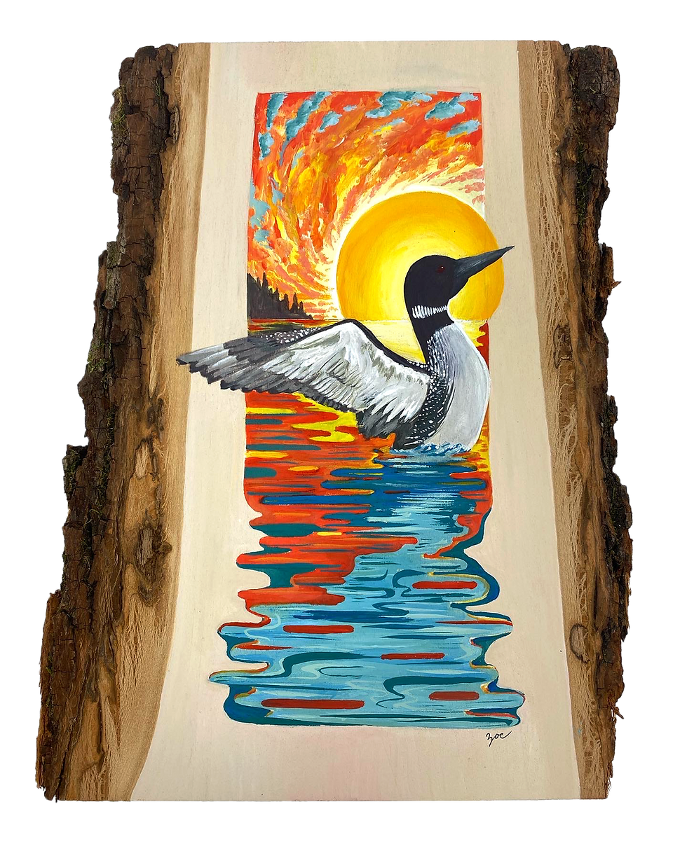 Thumbnail: Striking artwork of a loon spreading its wings against a colorful, vibrant sunset and lake, original gouache painting on wood