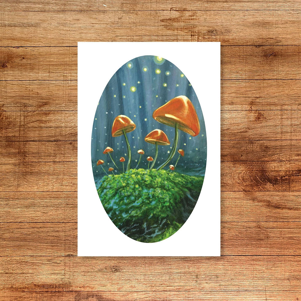 red magical mushrooms surrounded by dancing fairy lights, nature-inspired fine 4x6 art print, archival, by zoe mae art, mn