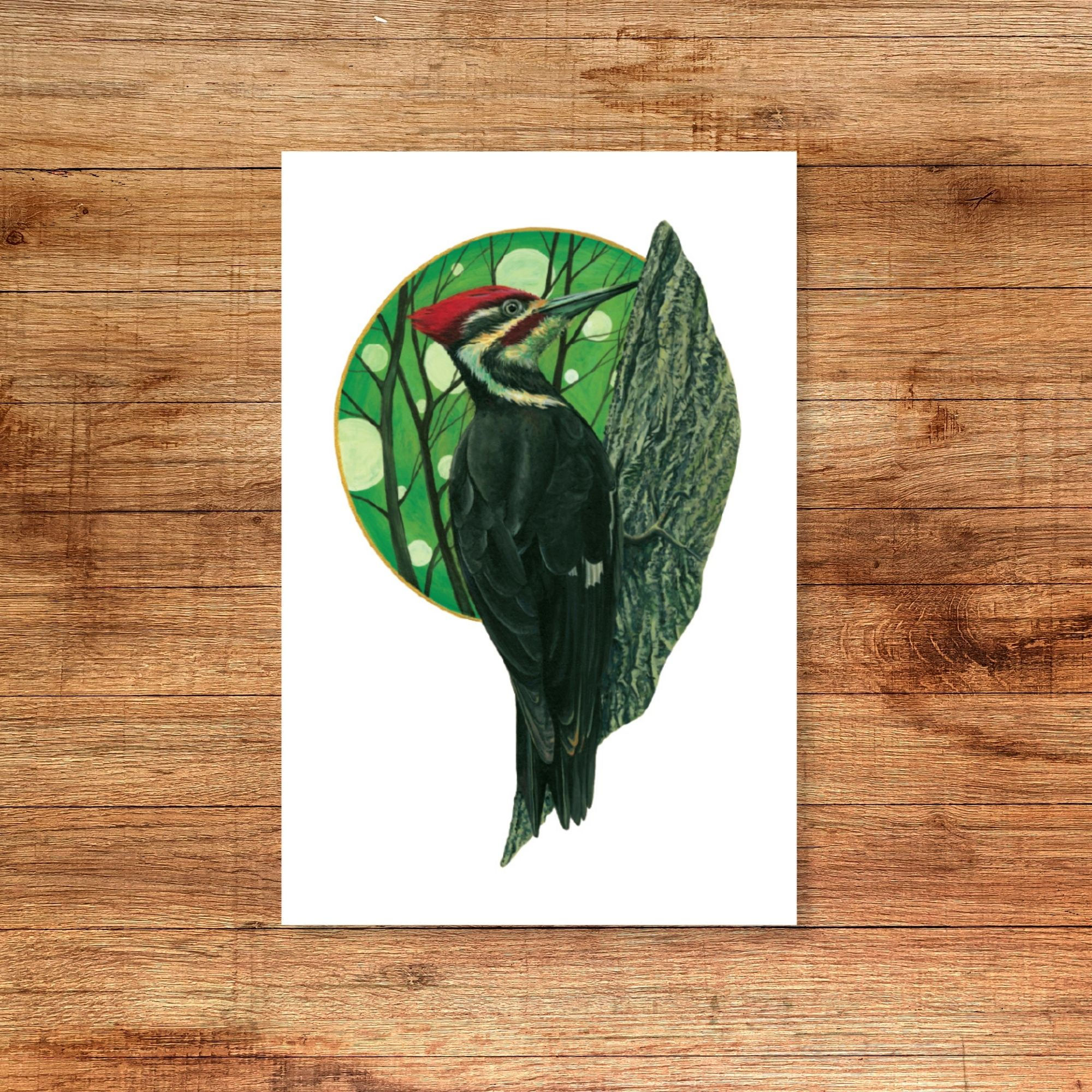 "Haloed in the Trees" woodpecker 9x12 medium fine art print, archival,vibrant, silhouette, bird art, minnesota, zoe mae art,