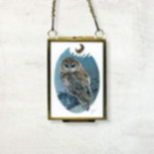 night owl with crescent moon artwork, quiet, calm, giftable framed nature art print by zoe mae art, minnesota, quality art