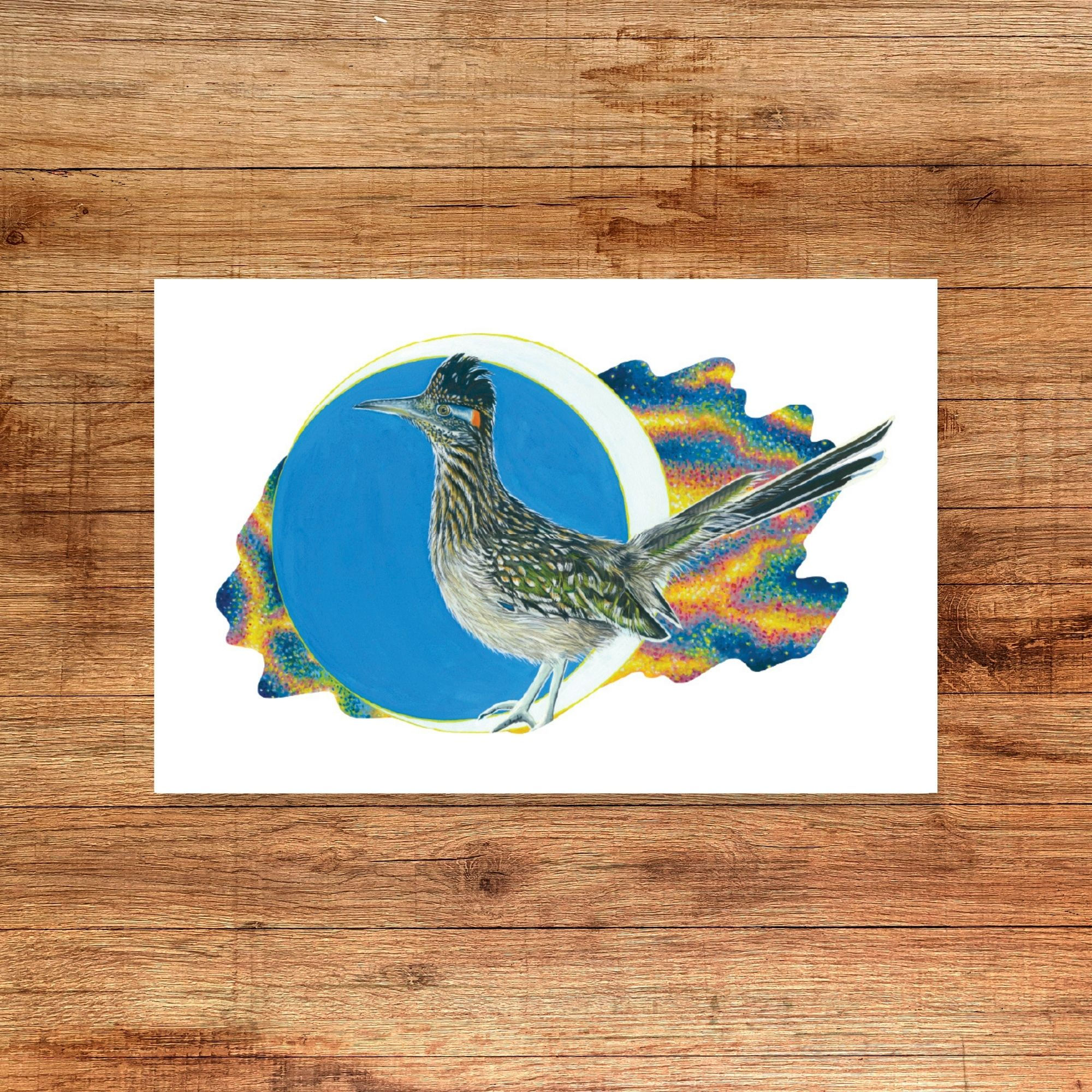 "Roadrunning to the Moon" 4x6 small fine art print, roadrunner, large blue crescent moon, galaxy space art, bird art, zoe mae