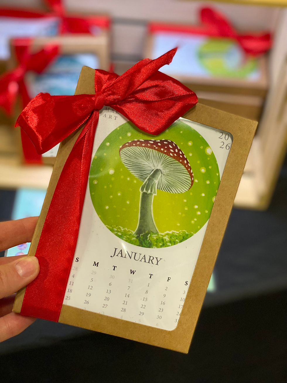 2026 Mushroom Art Desk Calendar by Zoe Mae Art, easel included, whimsical nature gift keepsake, magical fairy lights print