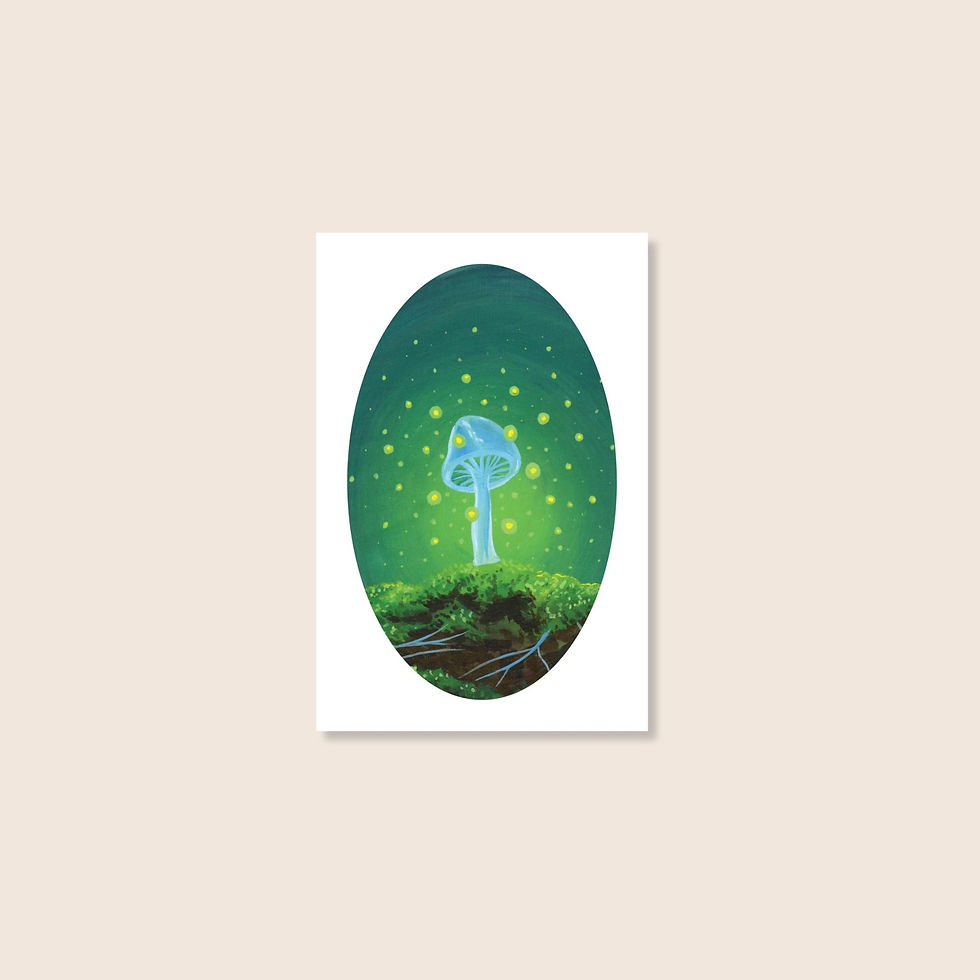 "Forest lights X" transparent blue mushroom with fairy lights in forest, surrealist, 4x6 art print, painting by zoe mae art,