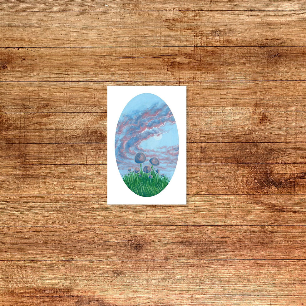 blue purple mushrooms and swirling clouds, surrealist, calm, exhale, 4x6 archival fine art print, painting by zoe mae art