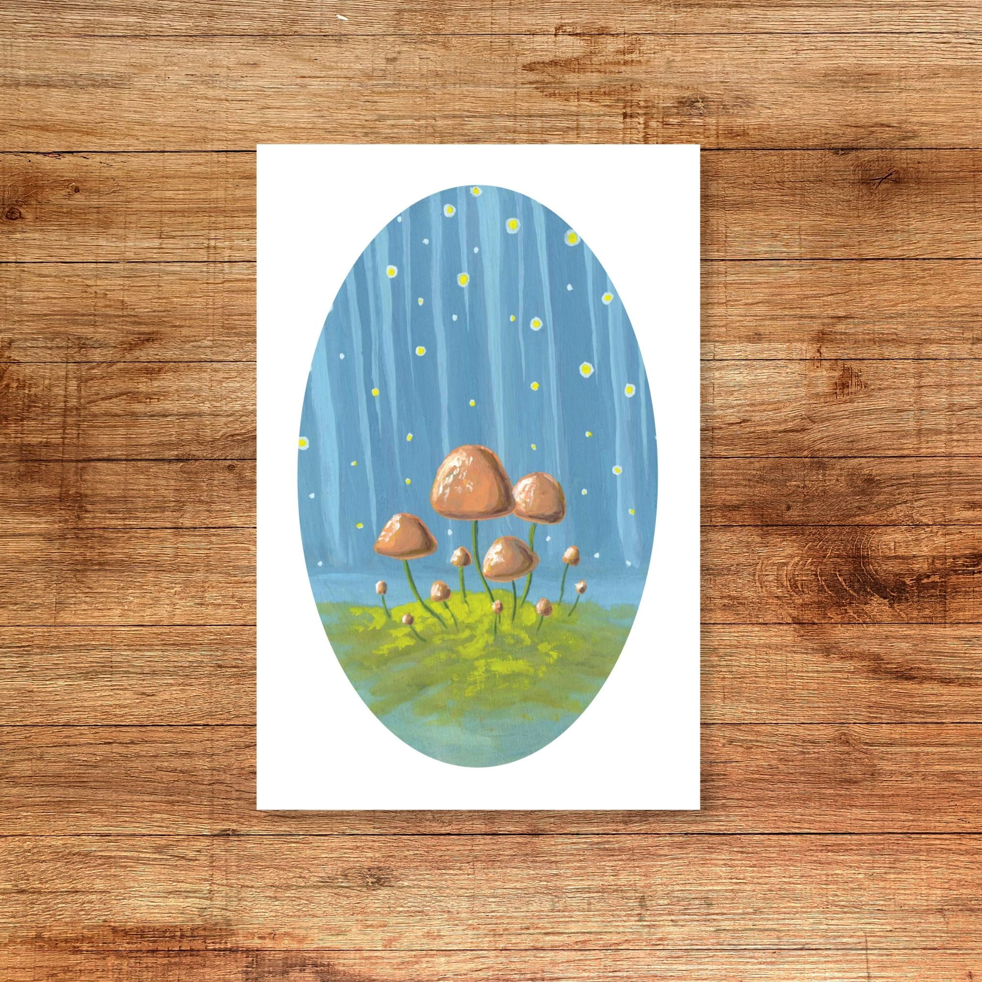 "misty lights" pink mushrooms on forest floor, blue background, 4x6 archival fine art print, original painting by zoe mae art