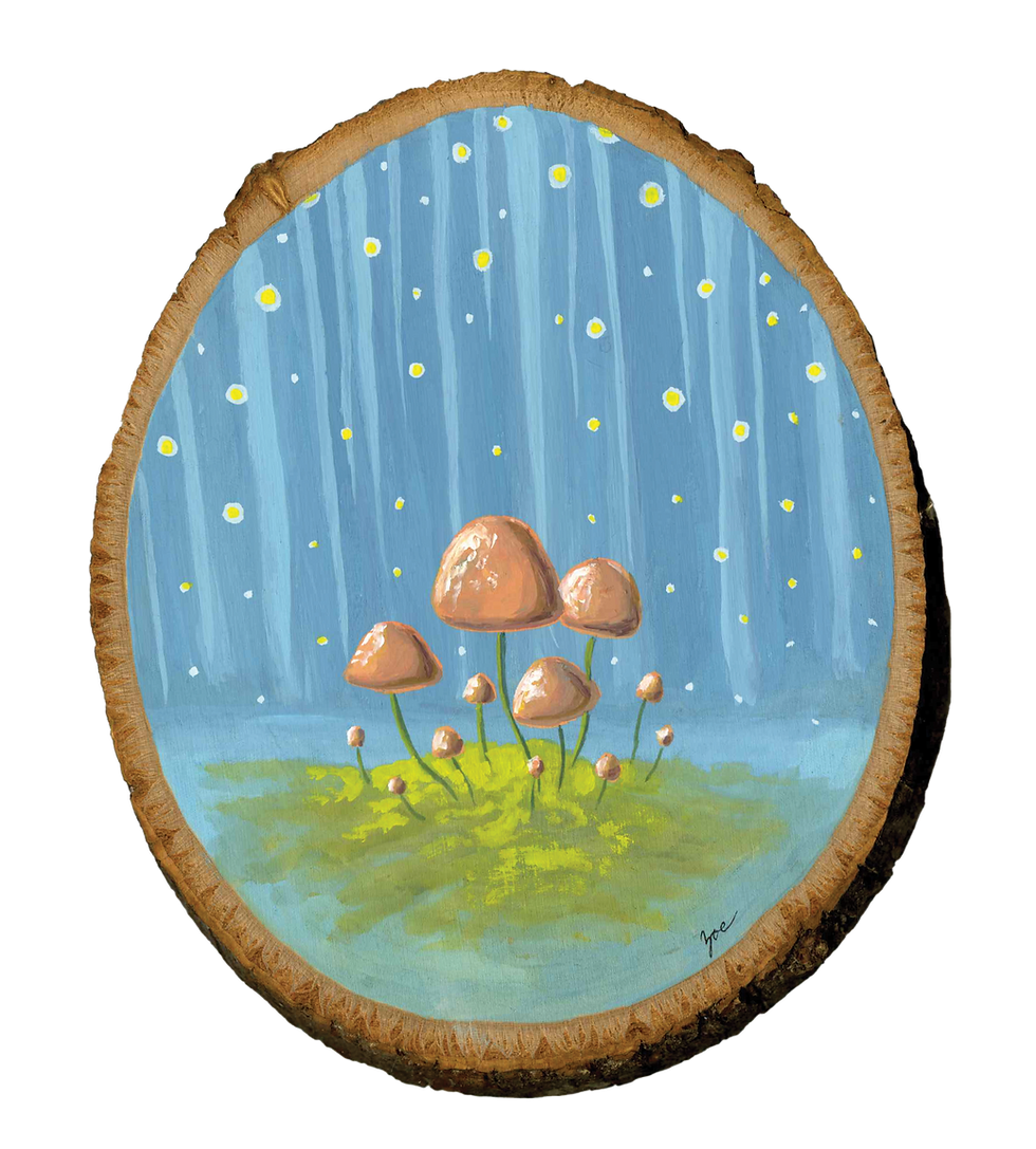 Thumbnail: "misty lights" pink mushrooms on forest floor, blue background, woodland, original gouache painting on wood by zoe mae art