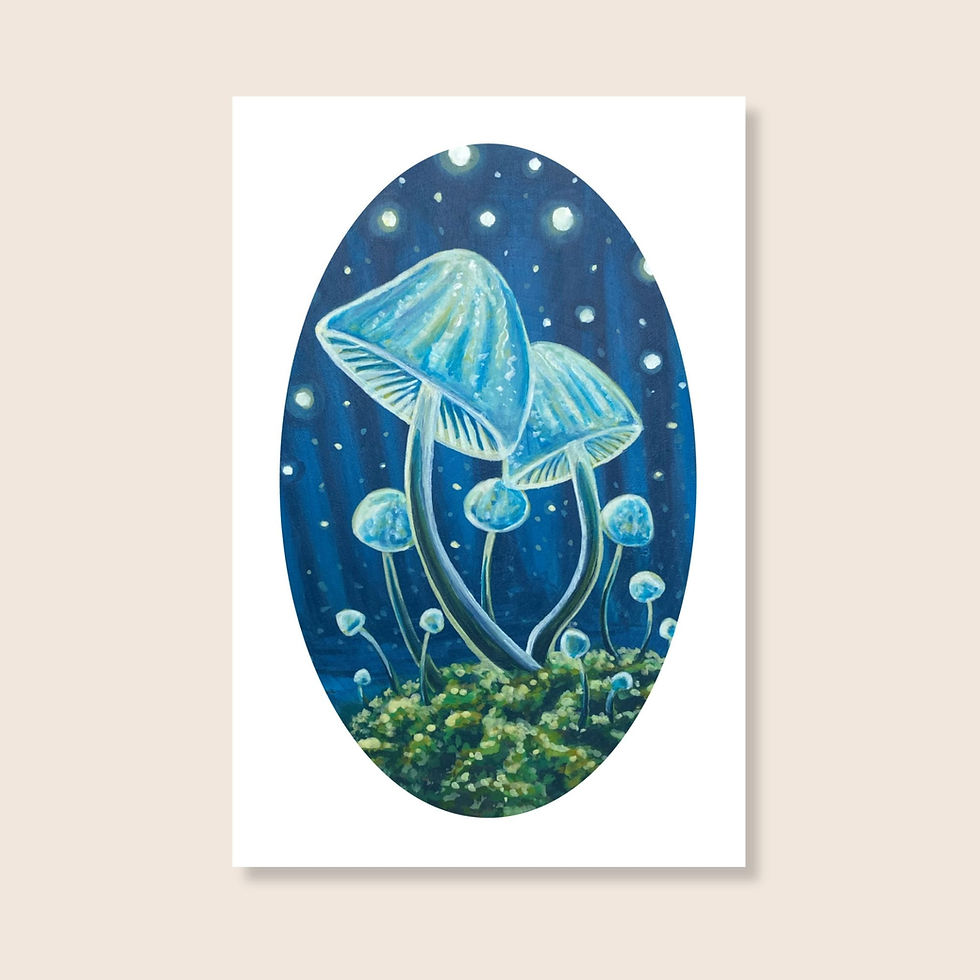 blue magical mushrooms surrounded by dancing fairy lights, nature-inspired fine 4x6 art print, archival, by zoe mae art