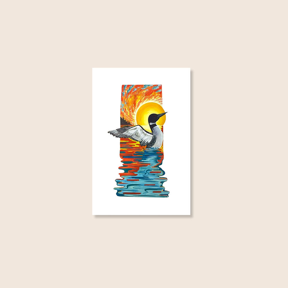 Striking artwork of a loon spreading its wings against a colorful, vibrant sunset and lake, 4x6 giftable art print keepsake