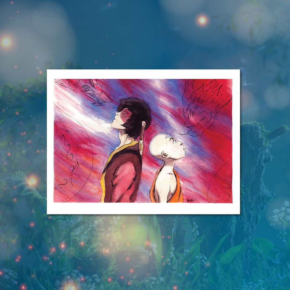 aang and zuko, avatar the last airbender postcard print, meeting their masters, dragons, firebending, dynamic duo, watercolor