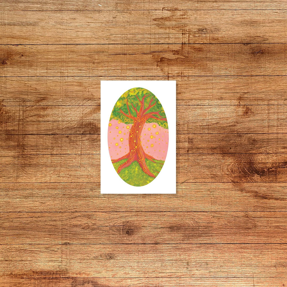 Light of the Sun magical fairy lights dancing around tree, pink background, 4x6 fine art print by zoe mae art, high quality