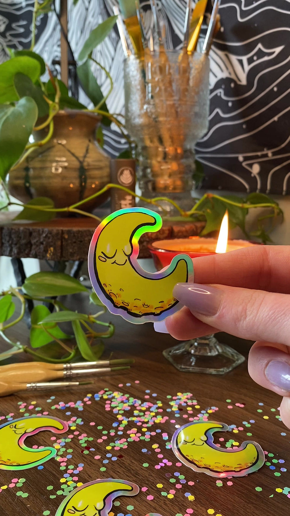 Thumbnail: crescent moon holographic sticker, shiny, cute, smiling, storybook, childrens book sticker, kawaii sticker, surrealism, magic