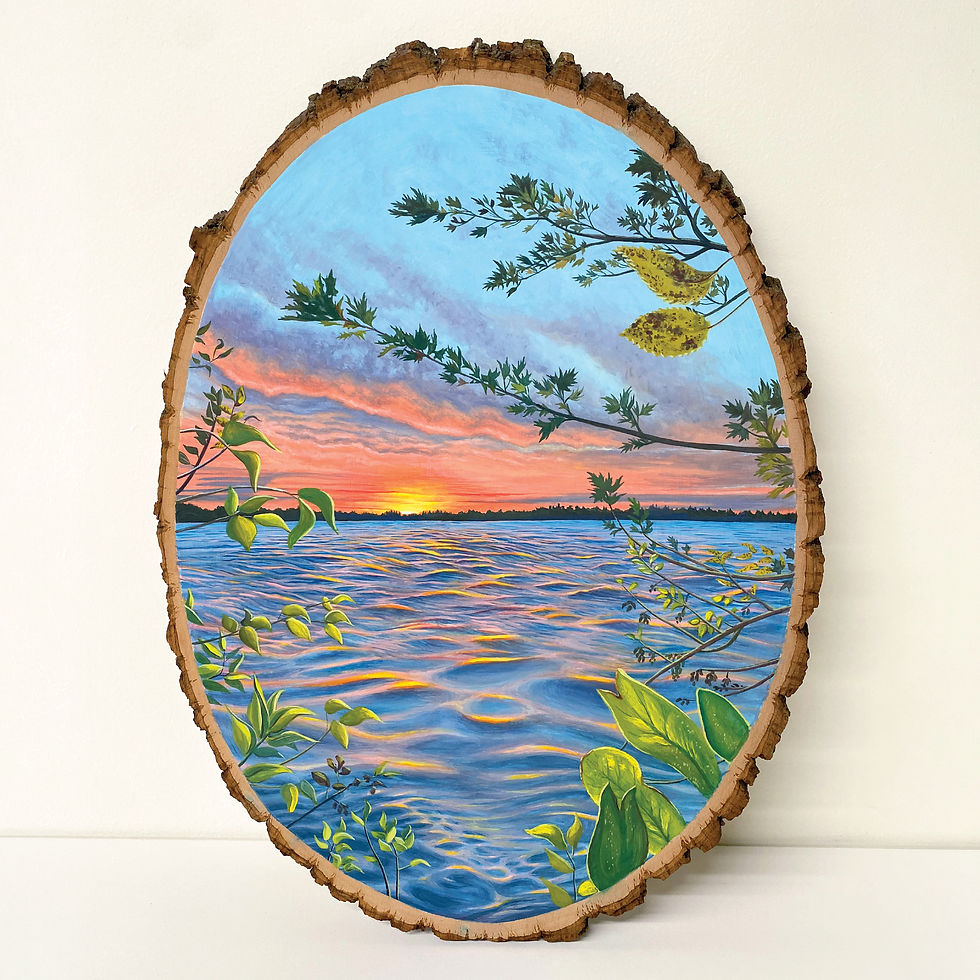 Thumbnail: "Dreamscape" original painting on wood, pink and blue sunset on bde maka ska, minneapolis lake art, mn lakes, zoe mae art