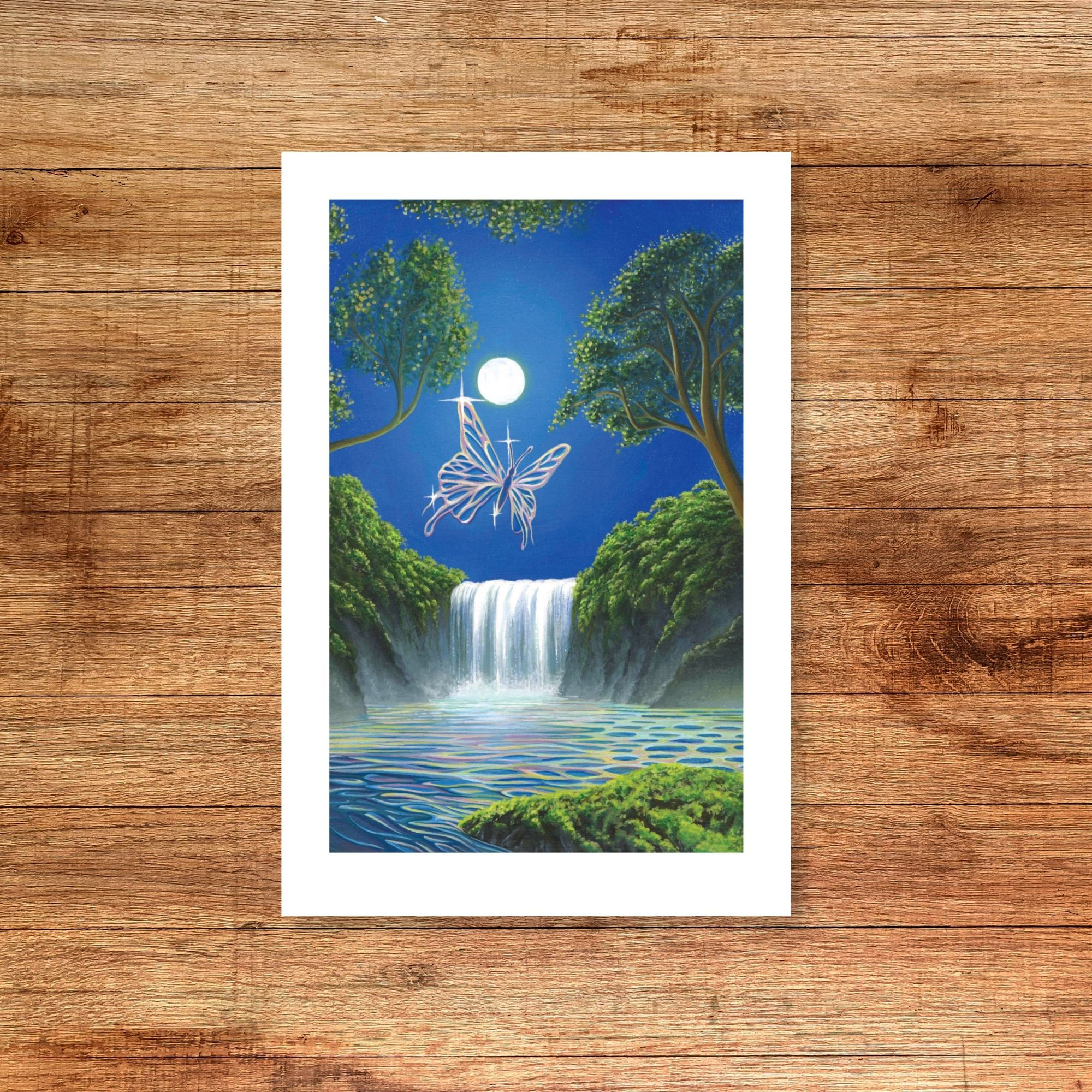 crystal magical butterfly dances suspended above colorful pink green blue lagoon lake against deep blue sky lit by full moon