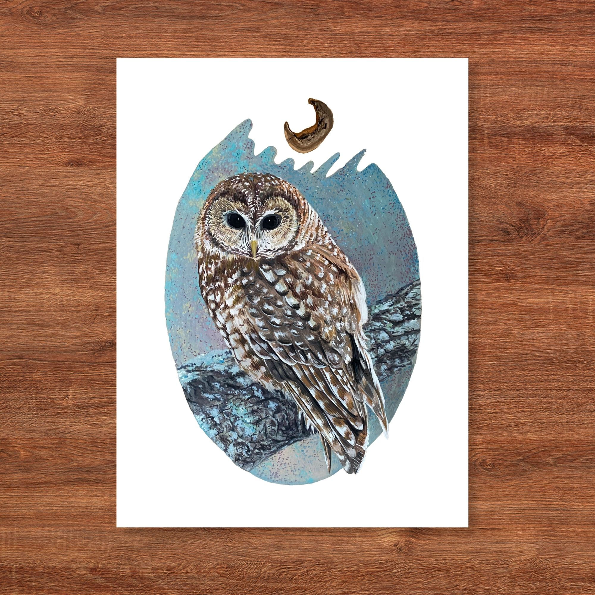 night owl with crescent moon artwork, quiet, calm, giftable 9x12 nature art print by zoe mae art, minnesota, quality art