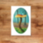 "Standing Tall" 4x6 small fine art print, orange mushroom against rich aqua blue green misty forest with autumn leaf bed