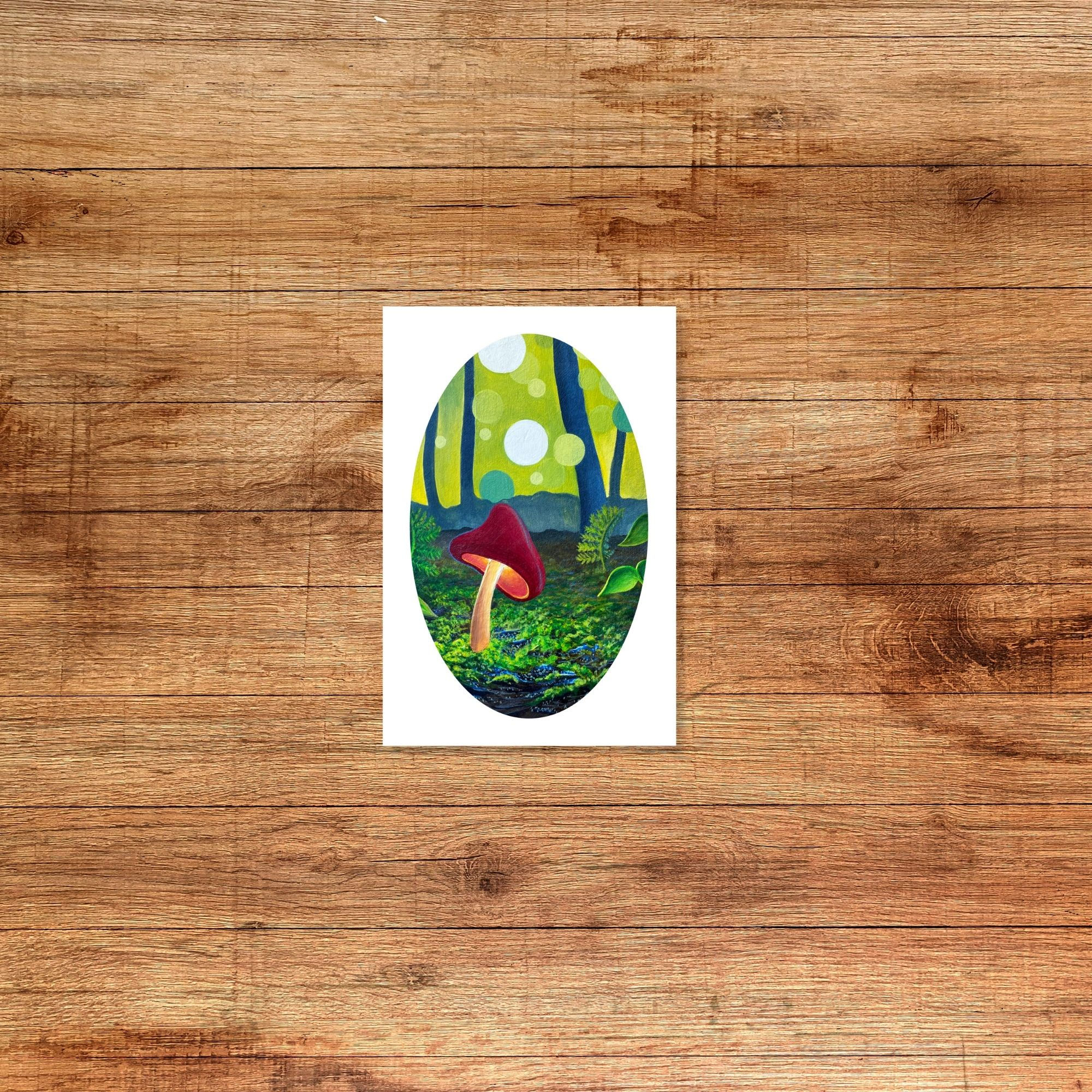red mushroom on forest floor with circles of dancing light and greenery, 4x6 fine art print original painting by zoe mae art