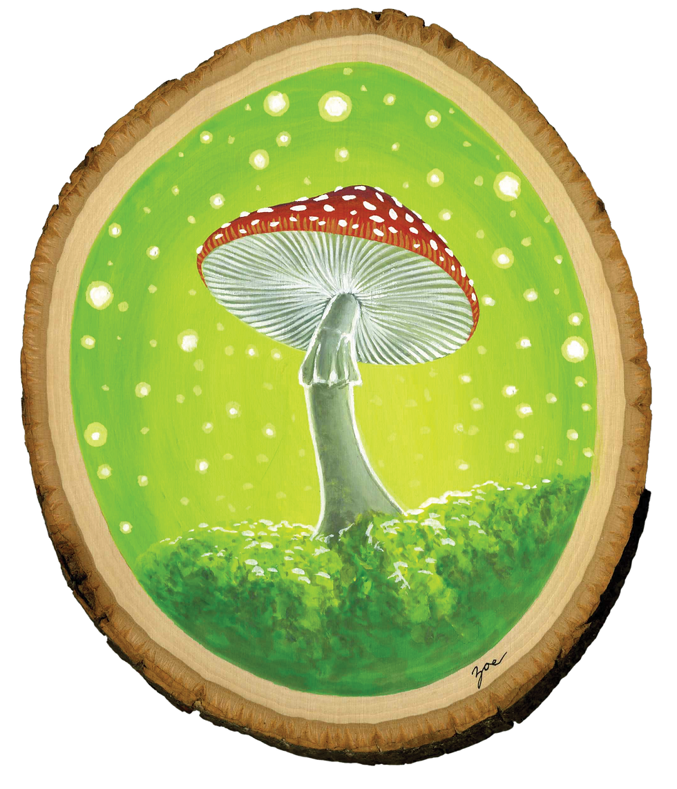 Thumbnail: "Forest Lights Sorbet" red amanita mushroom on forest floor, 4x6 archival fine art print, original painting by zoe mae art