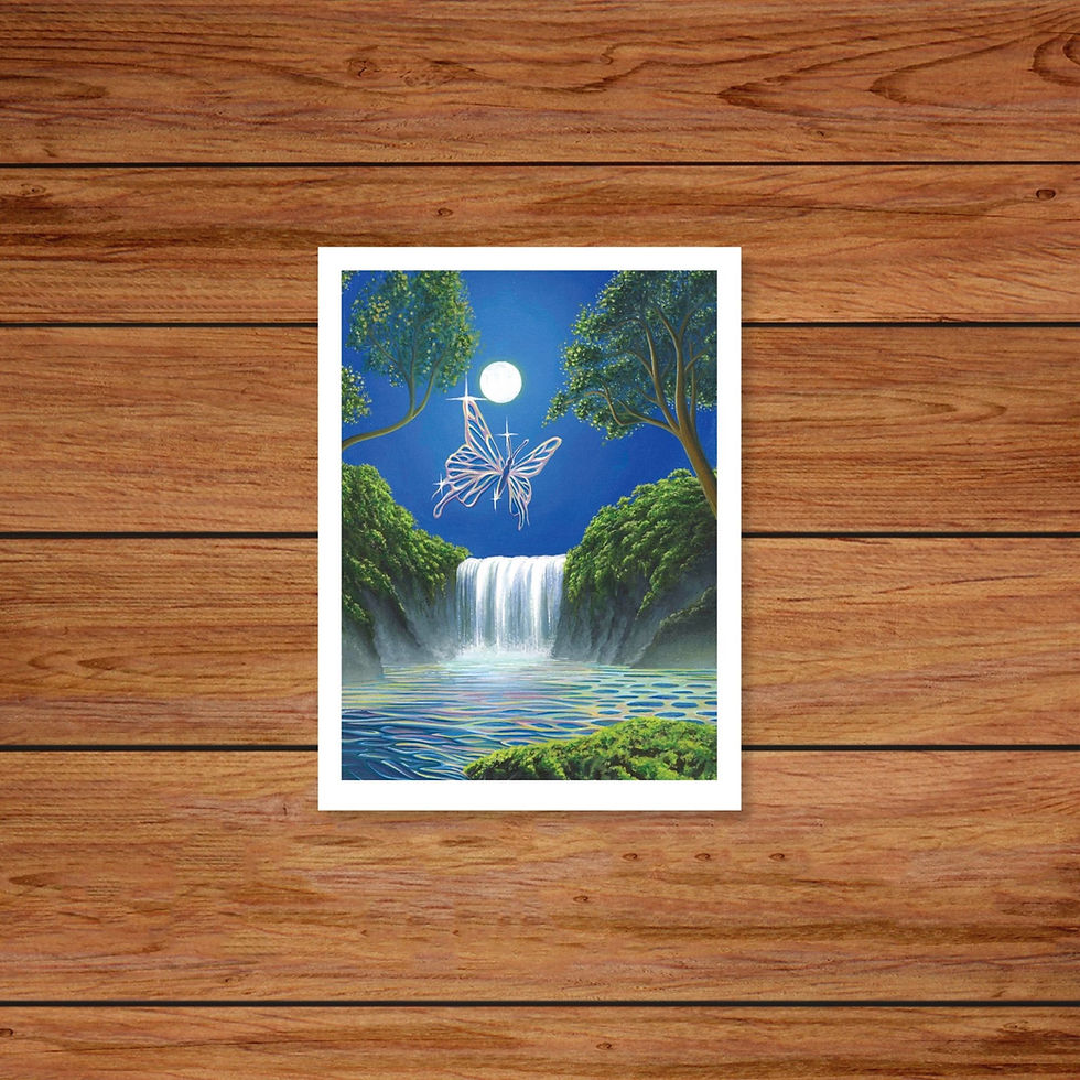 crystal magical butterfly dances suspended above colorful pink green blue lagoon lake against deep blue sky lit by full moon