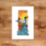 Striking artwork of a loon spreading its wings against a colorful, vibrant sunset and lake, 4x6 giftable art print keepsake