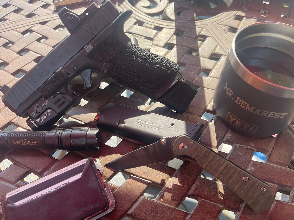 Toor, Surefire, Trijicon, Streamlight, Magpul, pulled from my pockets and Kore Essentials belt…trusted everyday even for morning coffee.