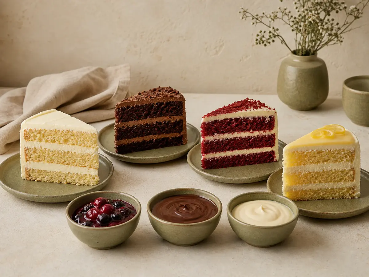 Editorial arrangement of cake slices and premium fillings in ceramic bowls
