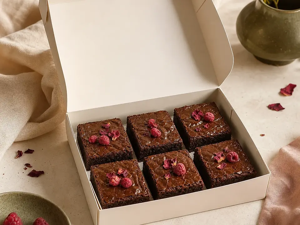 Seasonal raspberry and rose brownies