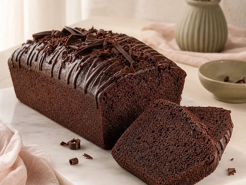 Rich chocolate loaf cake with two slices