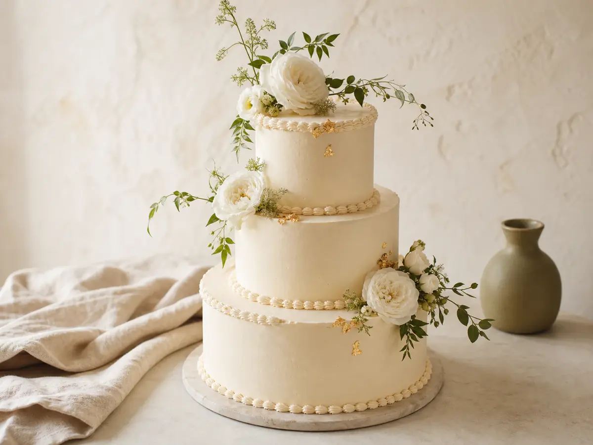 Three-tier wedding cake with white flowers and natural greenery