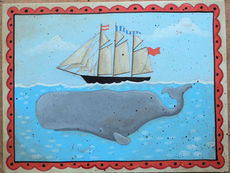 Tall Ship and Whale, acrylic original by Jane Winton, available at The Picture House Gallery, Padstow.